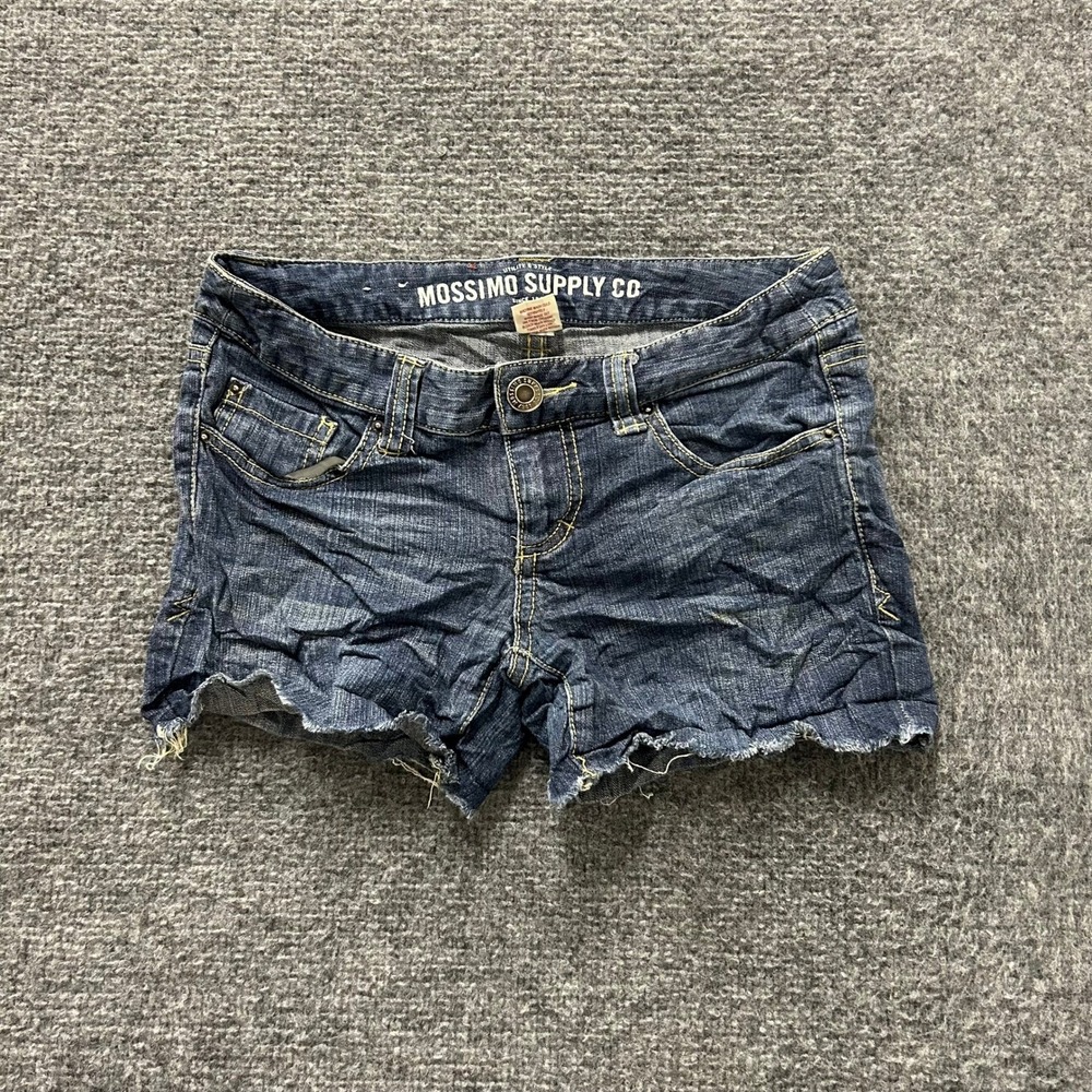 Mossimo Denim Shorts Womens Size 1 Blue Dark Wash Raw Hem Stretch Casual Fit 6
